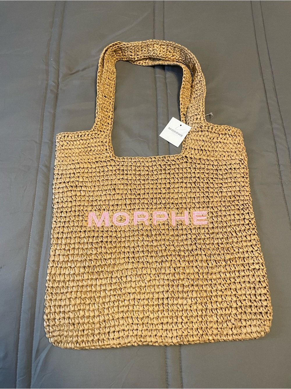 Morphe Natural Straw Tote with Pink Logo